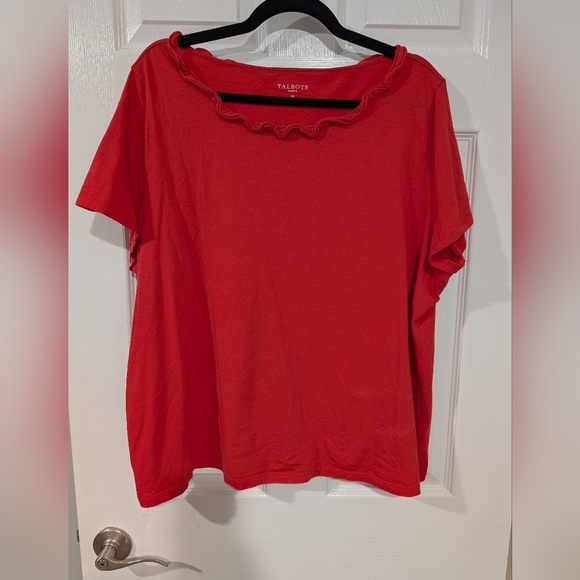 Talbots Woman Red Orange Ruffle Neck Short Sleeve Shirt in Size 2X - Picture 1 of 7
